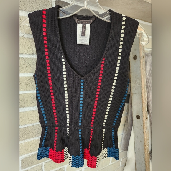 BCBGMAXAZRIA Laure Geometric Knit Jacquard Peplum Top - Picture 1 of 17